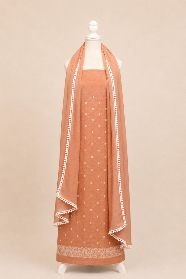 Pure handloom tussar linen kurta with embroidery, chiffon dupatta with lace & white bottom- light coffee
