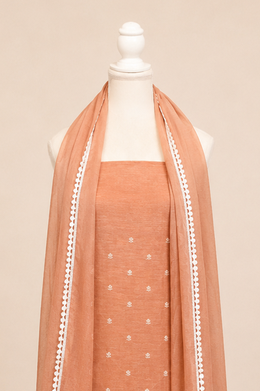 Pure handloom tussar linen kurta with embroidery, chiffon dupatta with lace & white bottom- light coffee