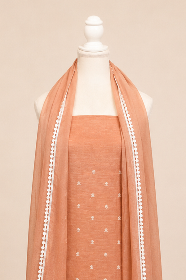 Pure handloom tussar linen kurta with embroidery, chiffon dupatta with lace & white bottom- light coffee