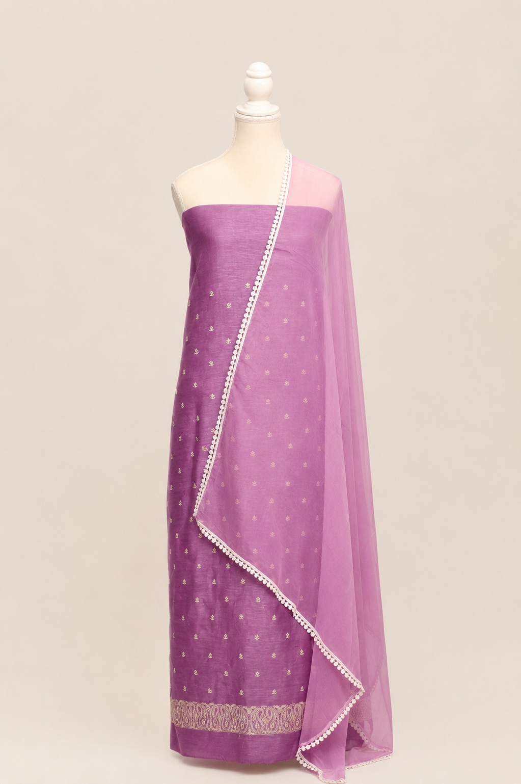 Pure handloom tussar linen kurta with embroidery, chiffon dupatta with lace & white bottom- Lavender