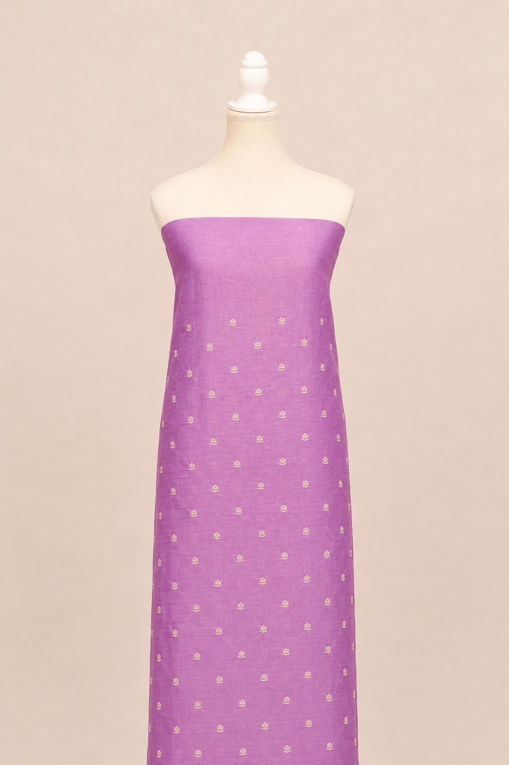 Pure handloom tussar linen kurta with embroidery, chiffon dupatta with lace & white bottom- Lavender