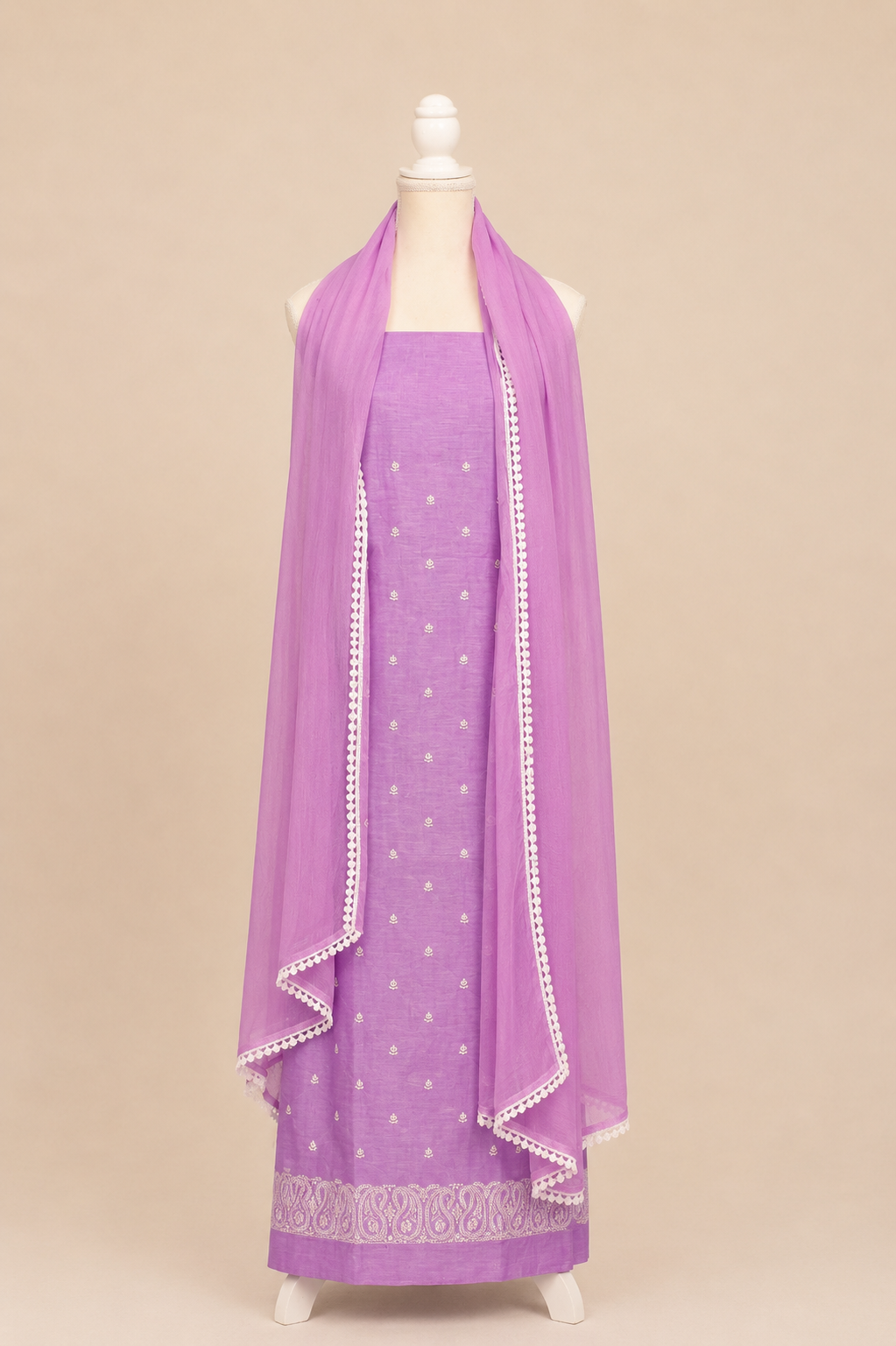 Pure handloom tussar linen kurta with embroidery, chiffon dupatta with lace & white bottom- Lavender