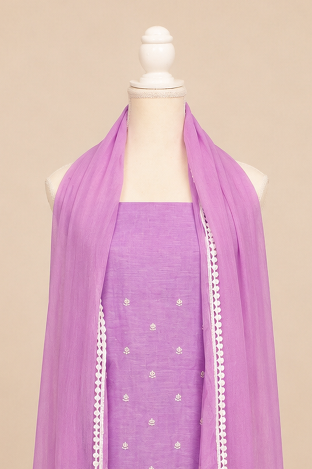 Pure handloom tussar linen kurta with embroidery, chiffon dupatta with lace & white bottom- Lavender