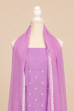 Pure handloom tussar linen kurta with embroidery, chiffon dupatta with lace & white bottom- Lavender