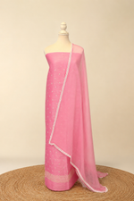 Pure handloom tussar linen kurta with embroidery, chiffon dupatta with lace & white bottom- soft pink