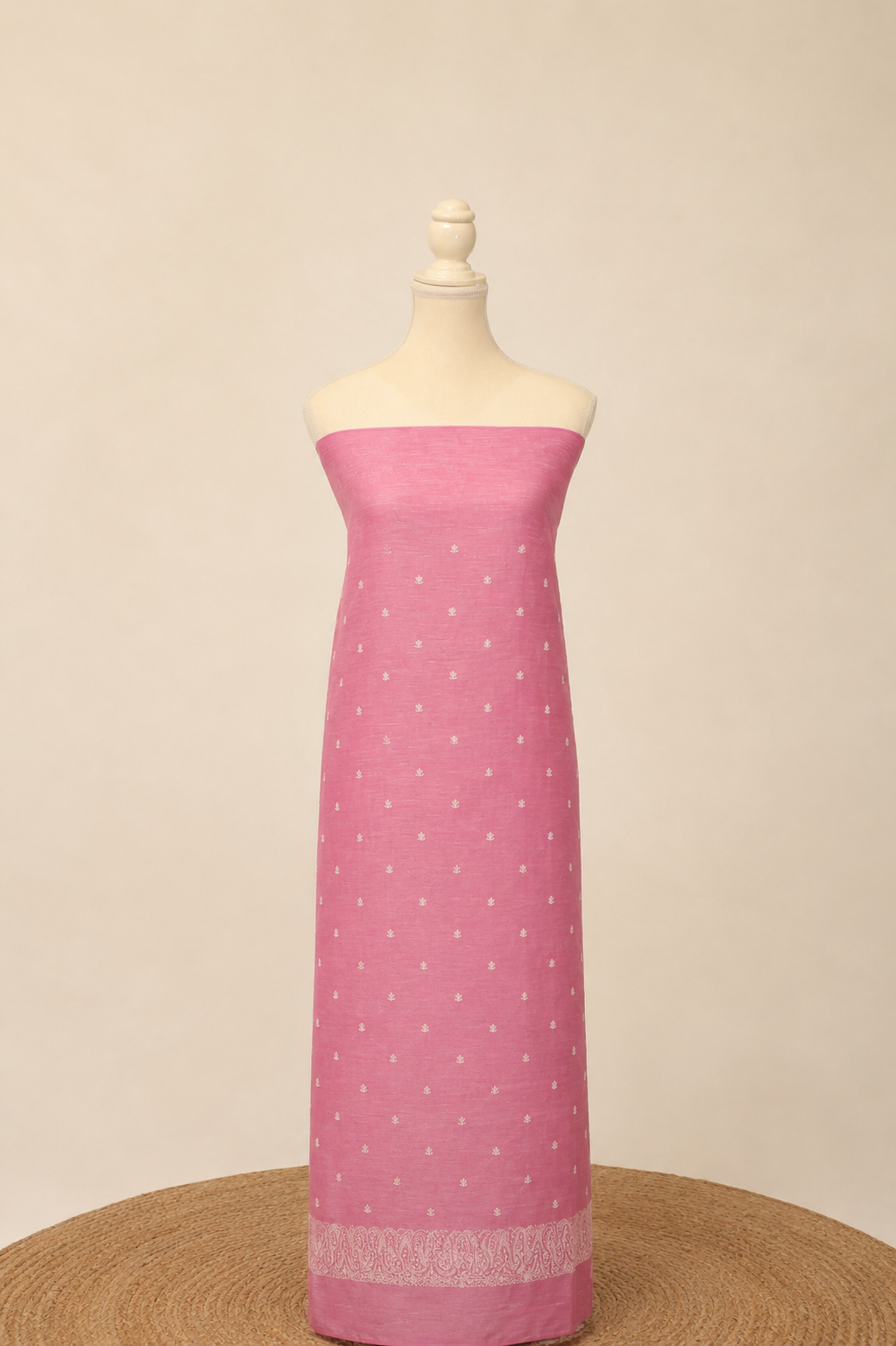 Pure handloom tussar linen kurta with embroidery, chiffon dupatta with lace & white bottom- soft pink