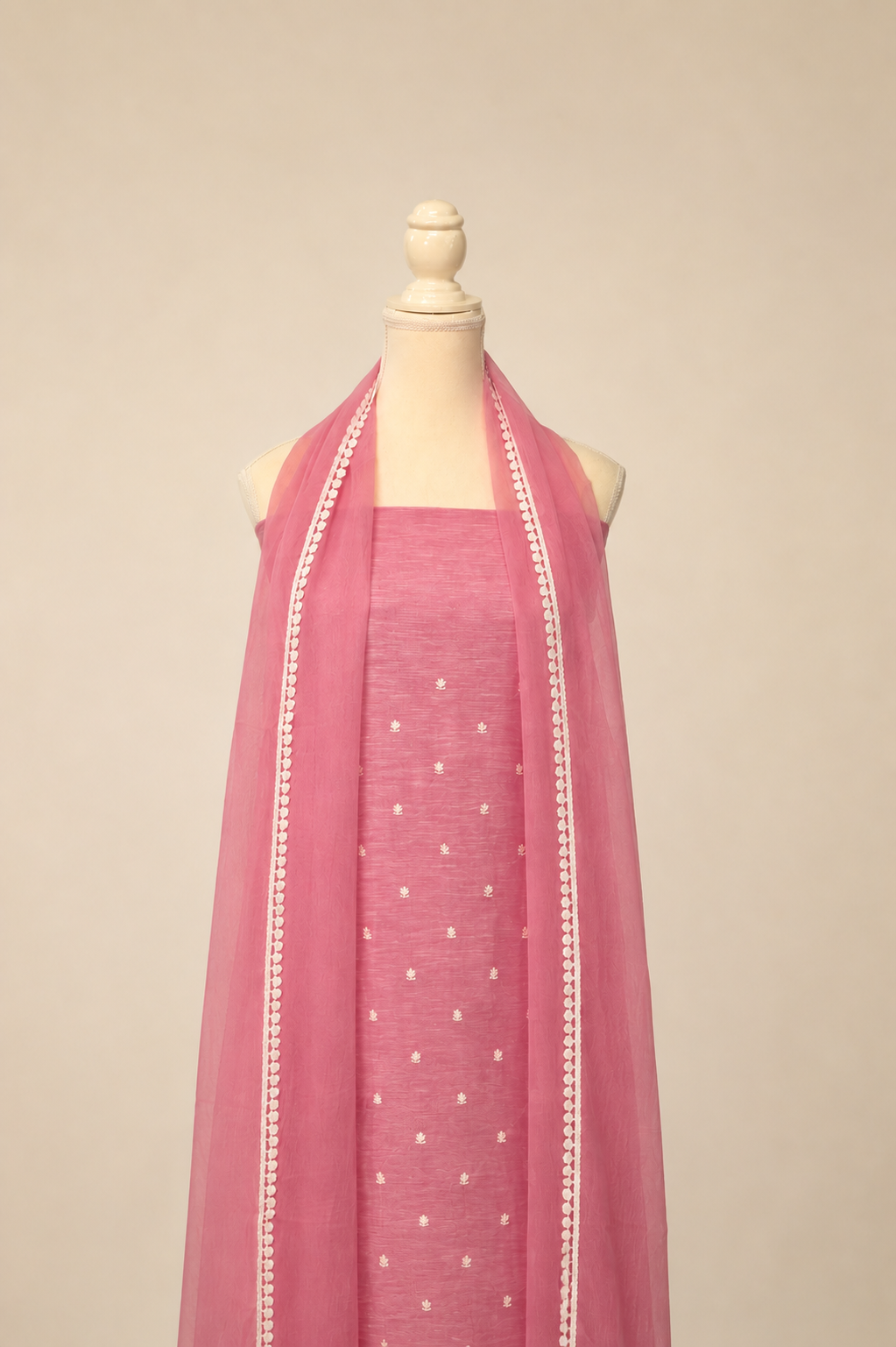 Pure handloom tussar linen kurta with embroidery, chiffon dupatta with lace & white bottom- soft pink
