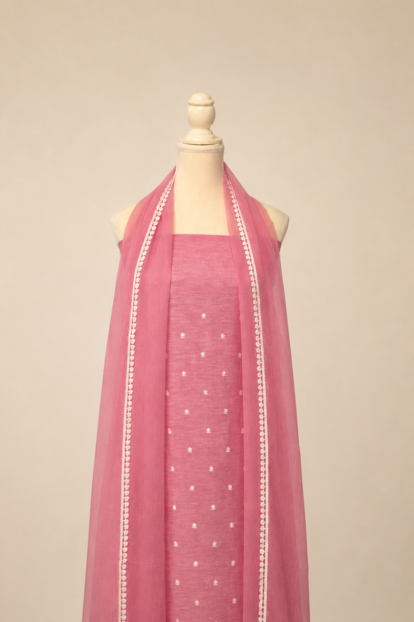 Pure handloom tussar linen kurta with embroidery, chiffon dupatta with lace & white bottom- soft pink