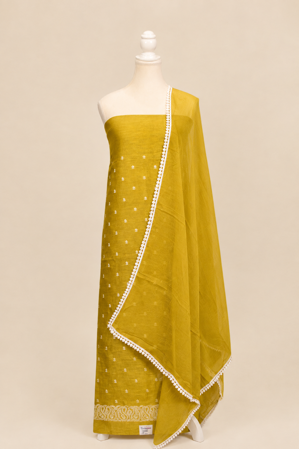 Pure handloom tussar linen kurta with embroidery, chiffon dupatta with lace & white bottom- Olive green