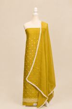 Pure handloom tussar linen kurta with embroidery, chiffon dupatta with lace & white bottom- Olive green