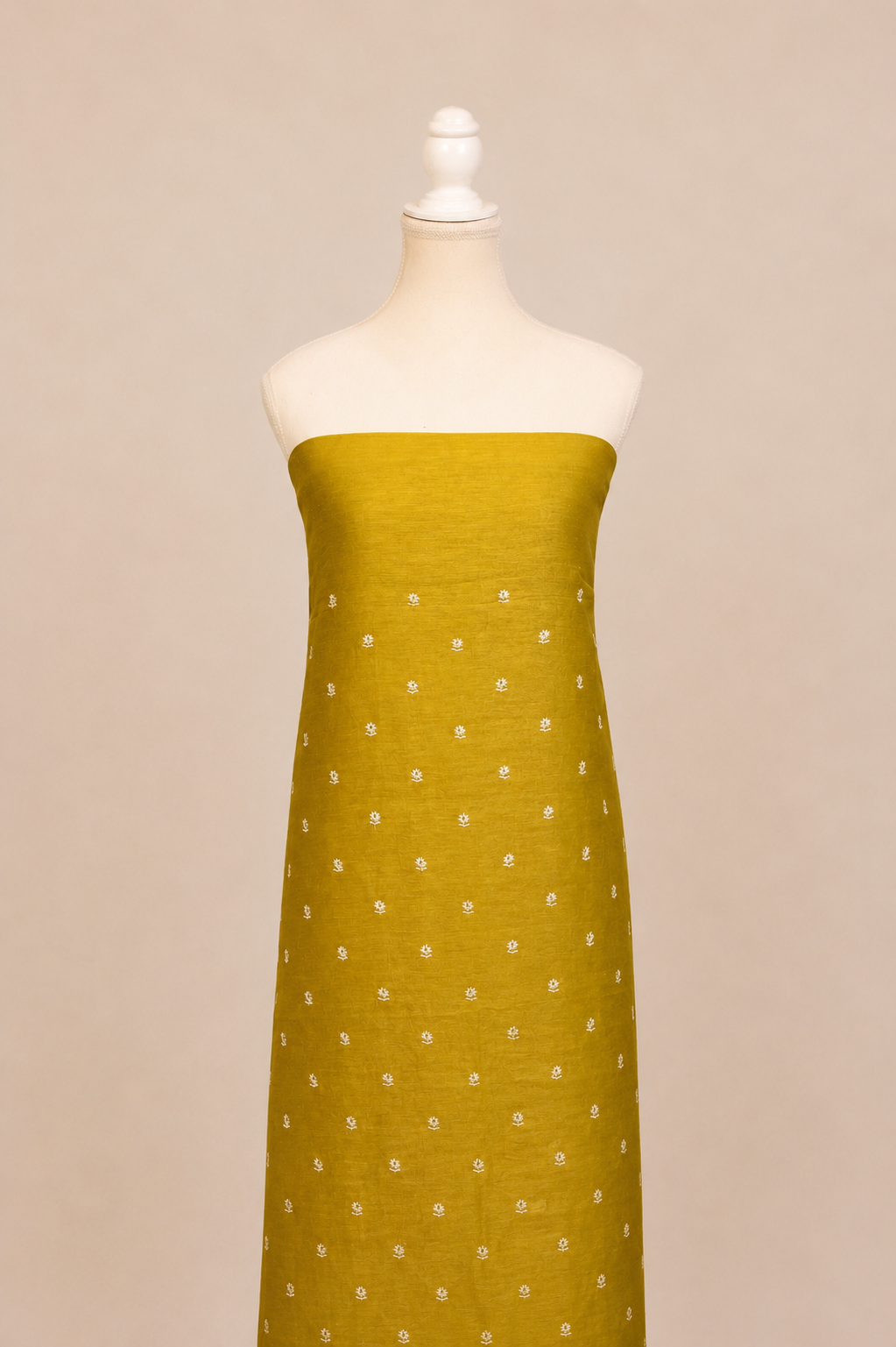 Pure handloom tussar linen kurta with embroidery, chiffon dupatta with lace & white bottom- Olive green