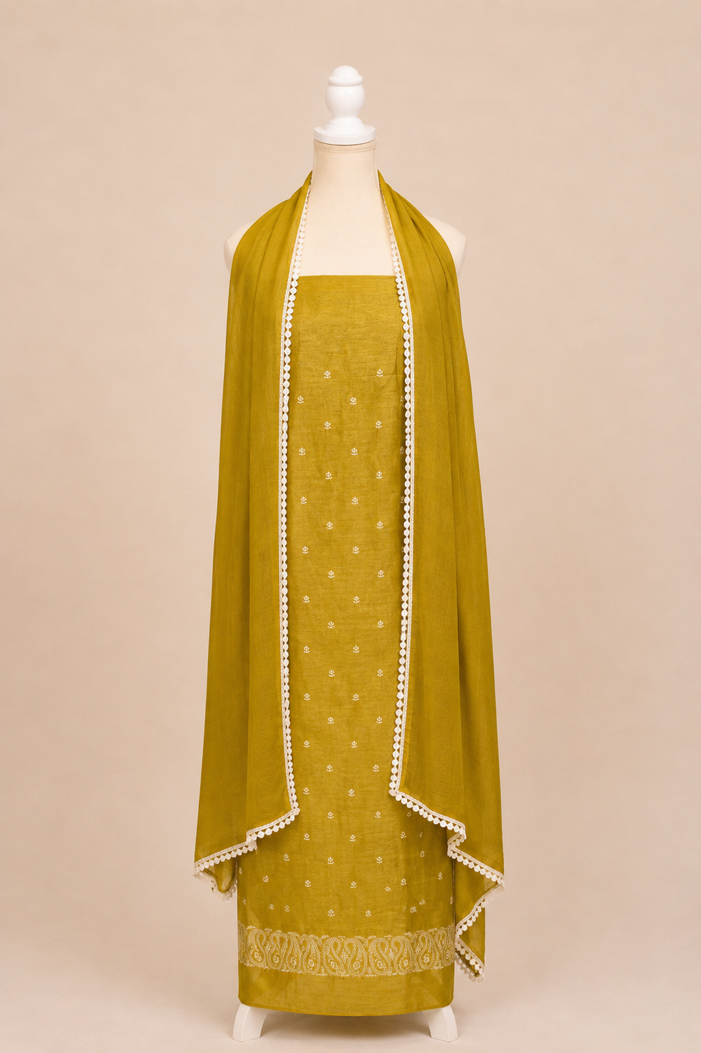 Pure handloom tussar linen kurta with embroidery, chiffon dupatta with lace & white bottom- Olive green