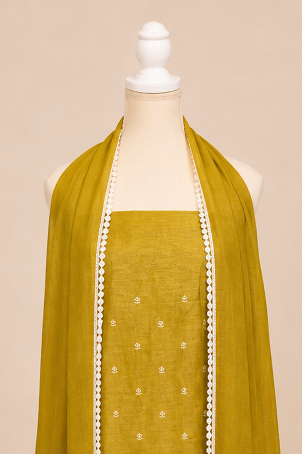 Pure handloom tussar linen kurta with embroidery, chiffon dupatta with lace & white bottom- Olive green