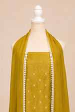 Pure handloom tussar linen kurta with embroidery, chiffon dupatta with lace & white bottom- Olive green
