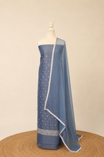 Pure handloom tussar linen kurta with embroidery, chiffon dupatta with lace & white bottom- bluish grey
