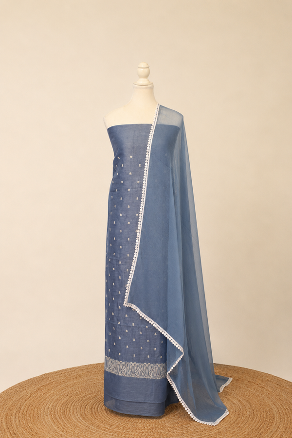 Pure handloom tussar linen kurta with embroidery, chiffon dupatta with lace & white bottom- bluish grey