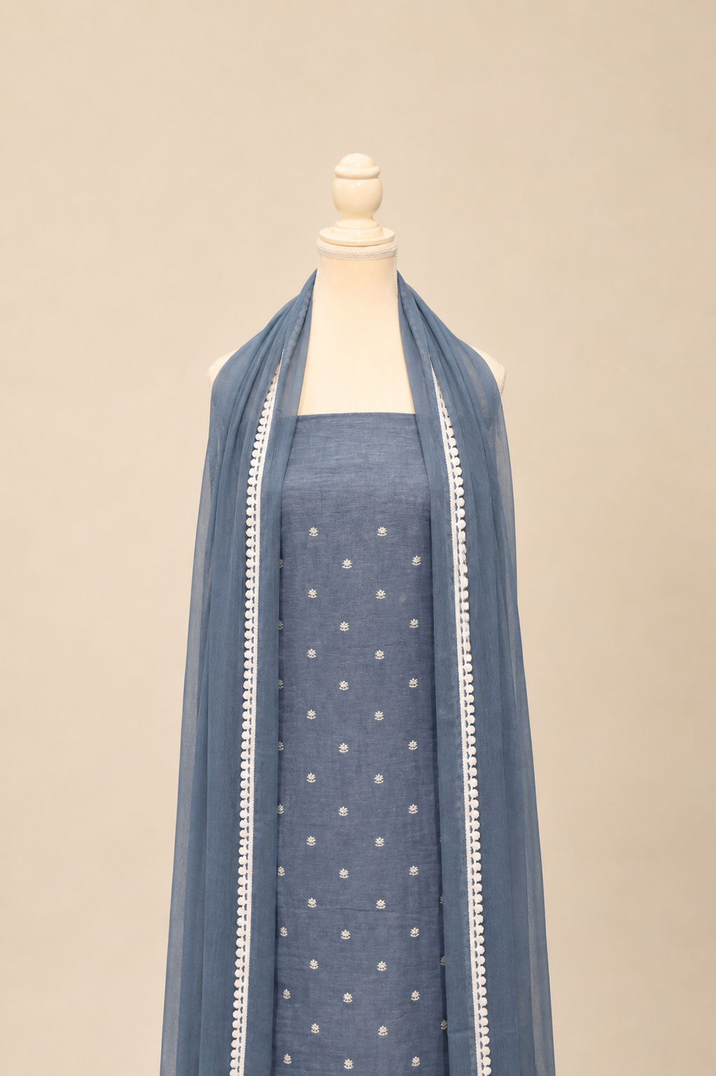 Pure handloom tussar linen kurta with embroidery, chiffon dupatta with lace & white bottom- bluish grey