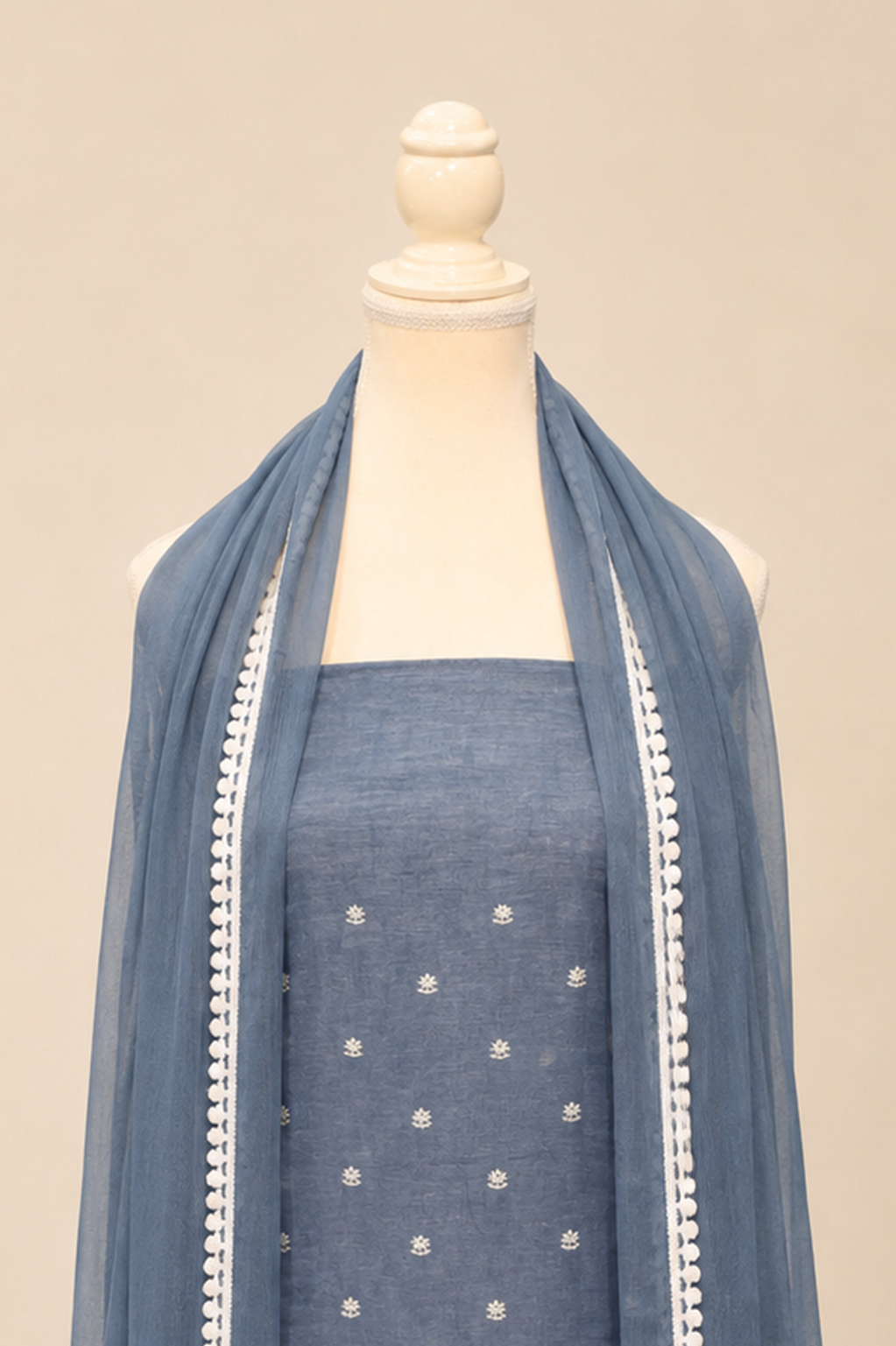 Pure handloom tussar linen kurta with embroidery, chiffon dupatta with lace & white bottom- bluish grey