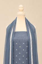 Pure handloom tussar linen kurta with embroidery, chiffon dupatta with lace & white bottom- bluish grey