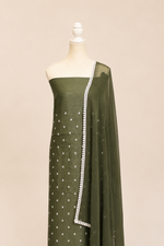 Pure handloom tussar linen kurta with embroidery, chiffon dupatta with lace & white bottom- dark olive