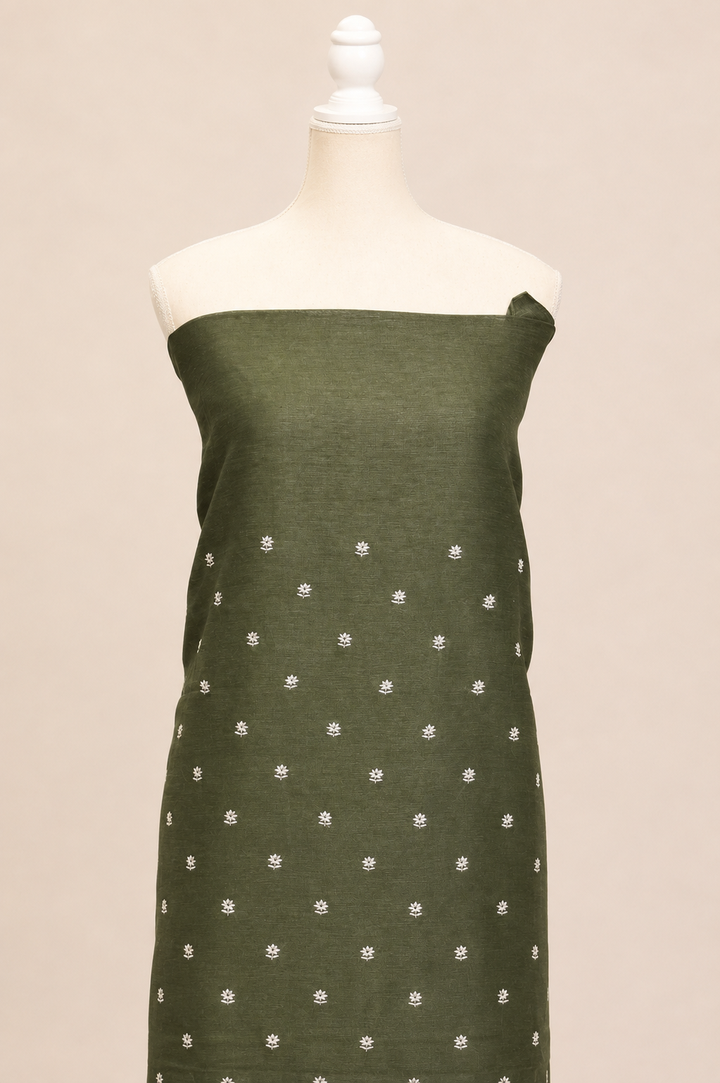 Pure handloom tussar linen kurta with embroidery, chiffon dupatta with lace & white bottom- dark olive