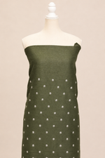 Pure handloom tussar linen kurta with embroidery, chiffon dupatta with lace & white bottom- dark olive