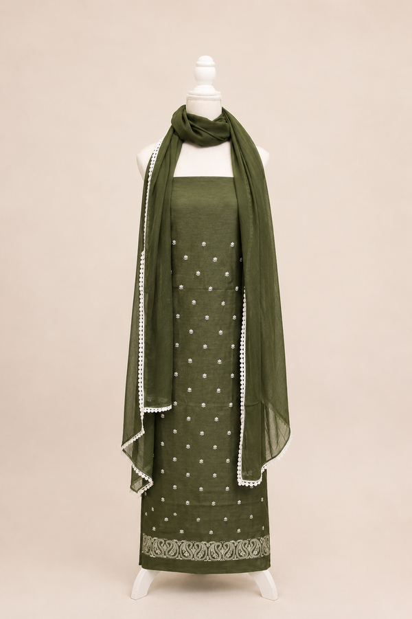 Pure handloom tussar linen kurta with embroidery, chiffon dupatta with lace & white bottom- dark olive