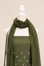Pure handloom tussar linen kurta with embroidery, chiffon dupatta with lace & white bottom- dark olive