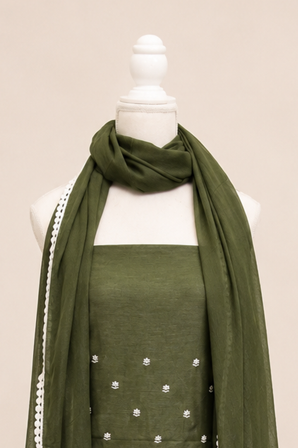 Pure handloom tussar linen kurta with embroidery, chiffon dupatta with lace & white bottom- dark olive