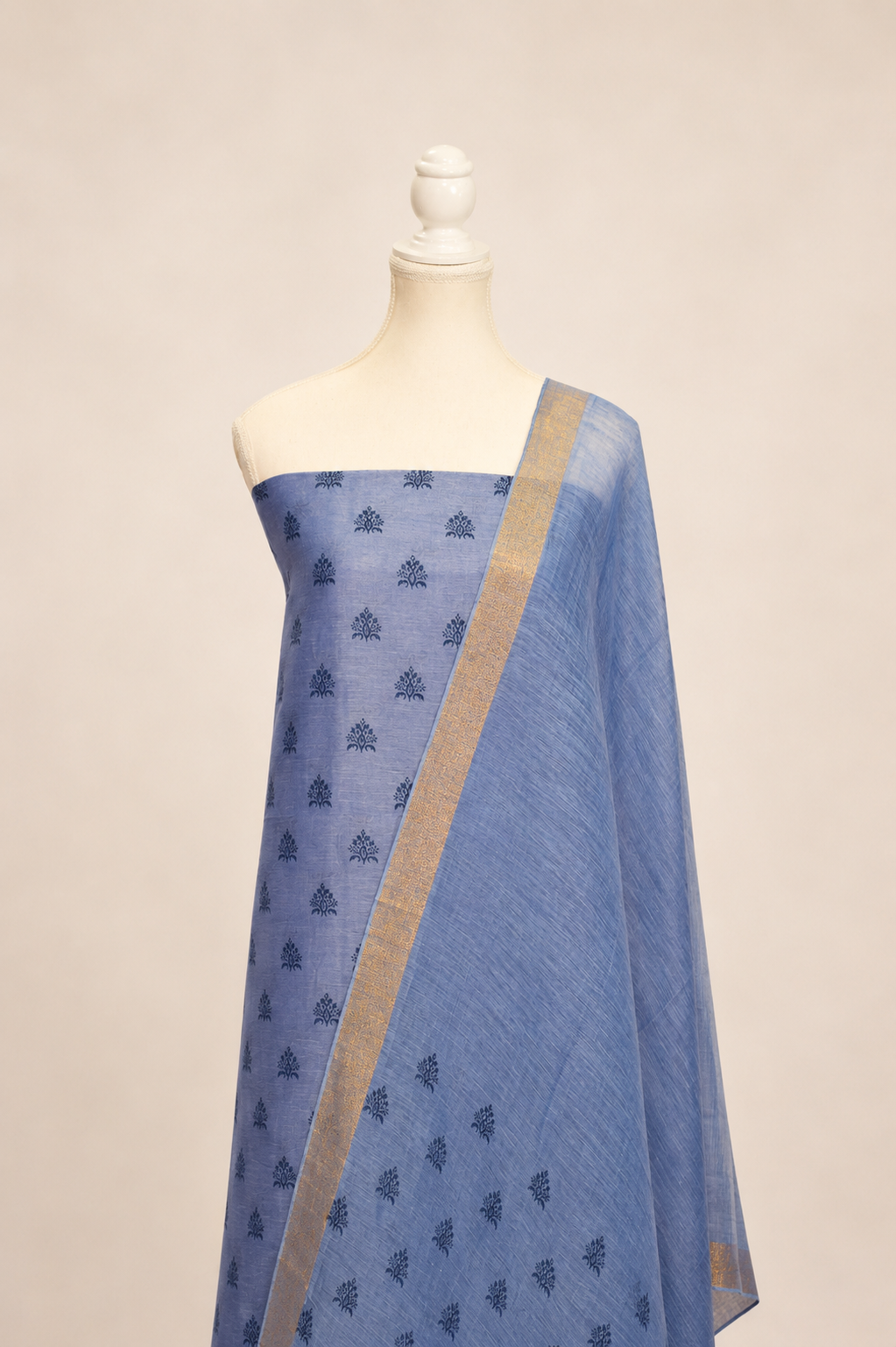 Pure handloom tussar linen printed suit set- bluish grey