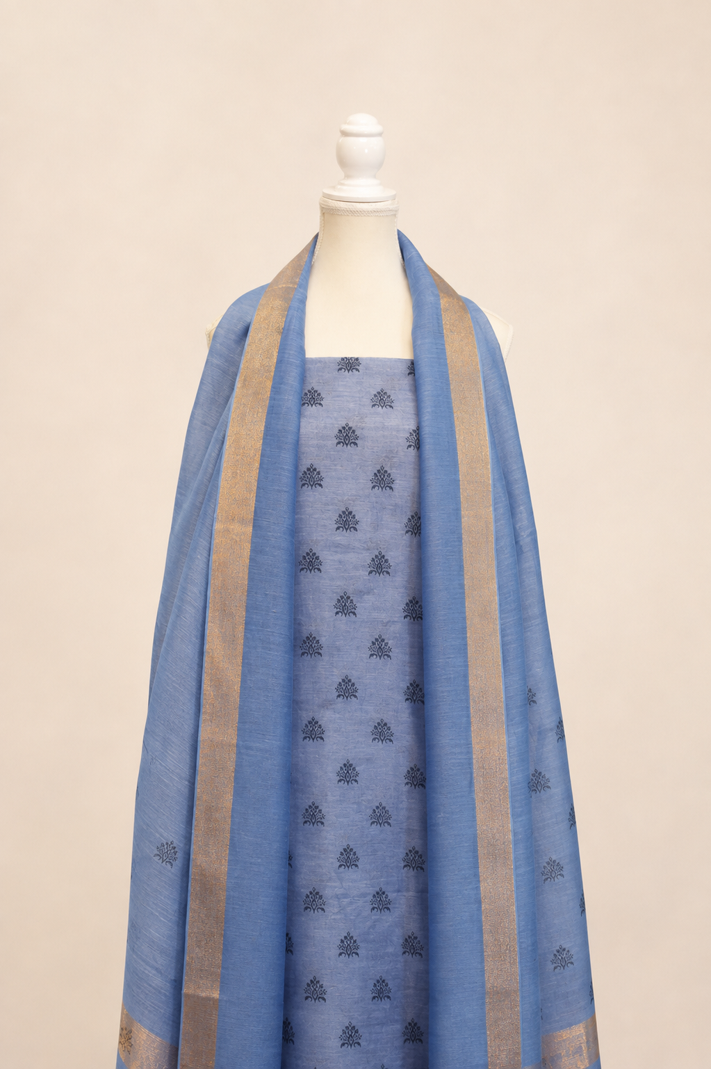 Pure handloom tussar linen printed suit set- bluish grey