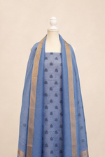 Pure handloom tussar linen printed suit set- bluish grey