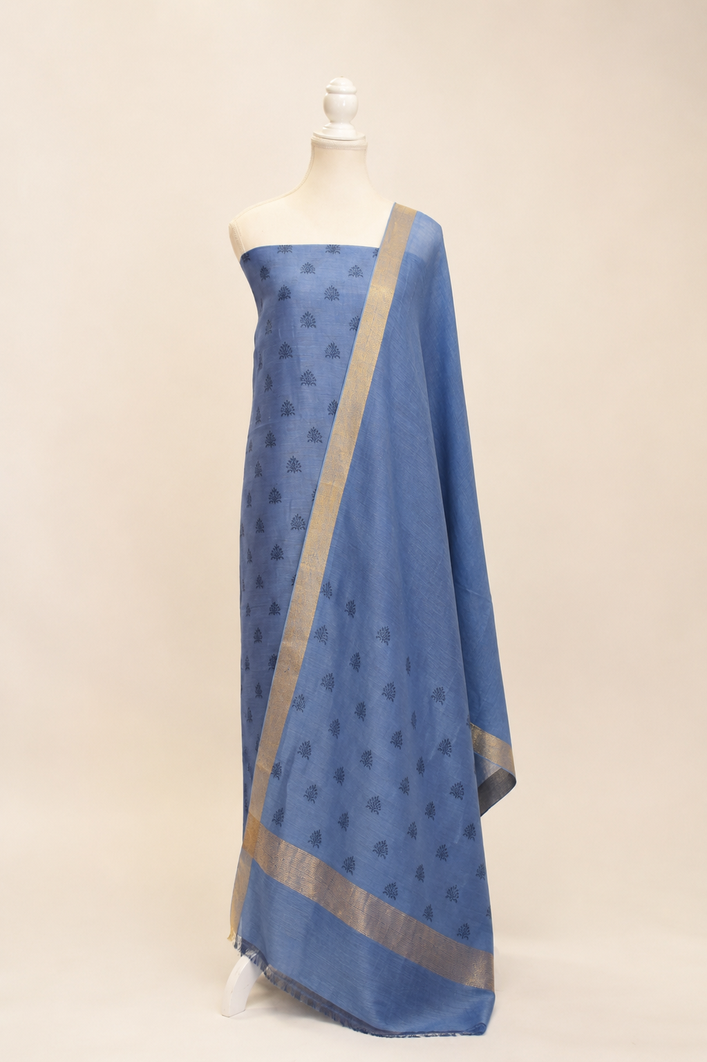 Pure handloom tussar linen printed suit set- bluish grey