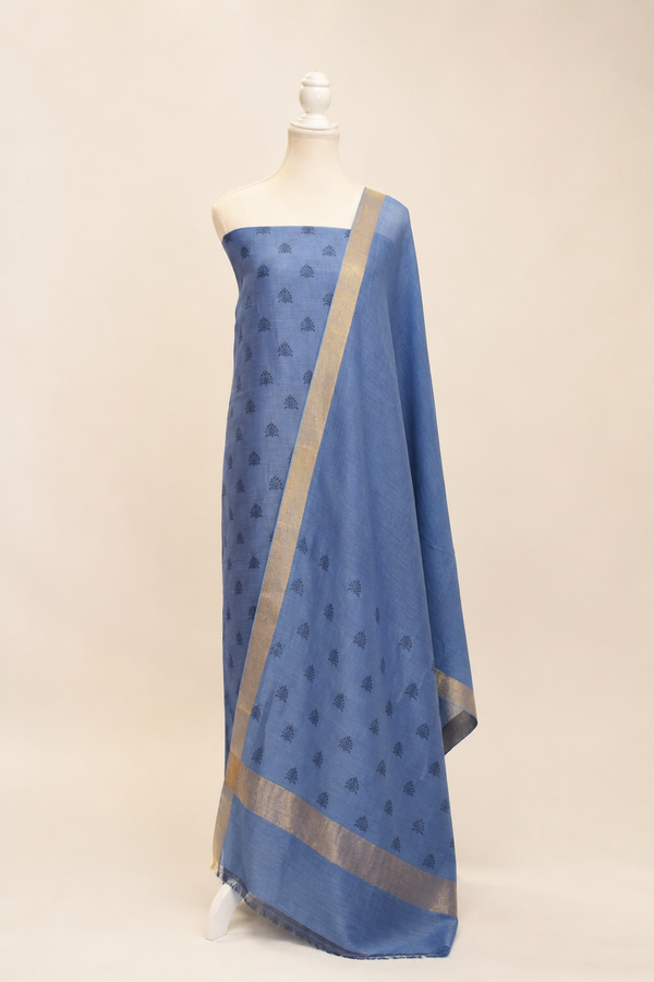 Pure handloom tussar linen printed suit set- bluish grey