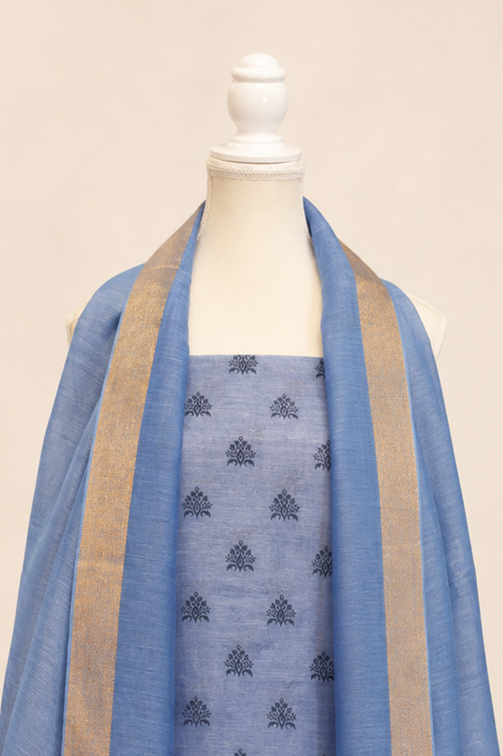 Pure handloom tussar linen printed suit set- bluish grey