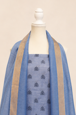 Pure handloom tussar linen printed suit set- bluish grey