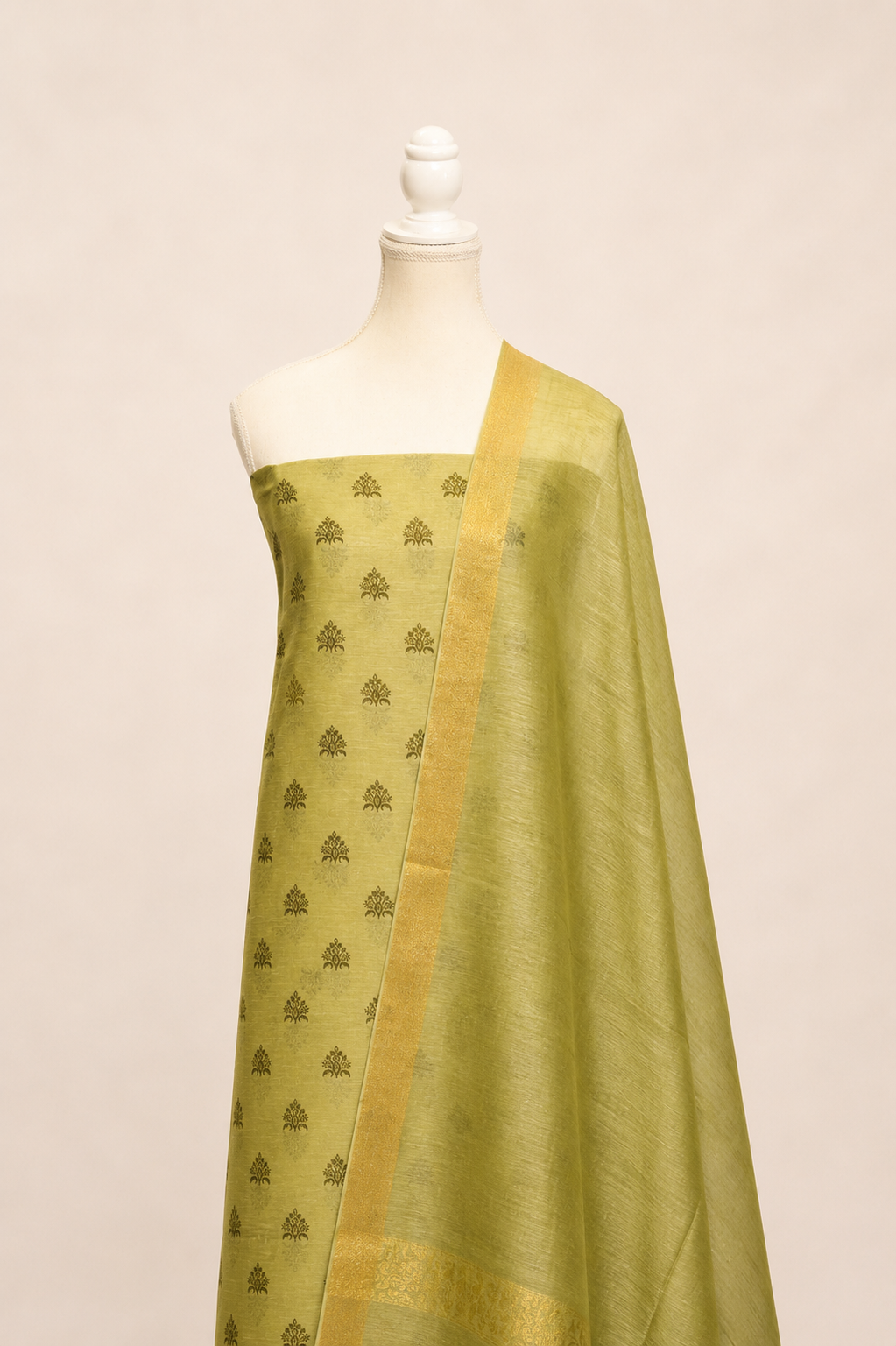 Pure handloom tussar linen printed suit set- light olive