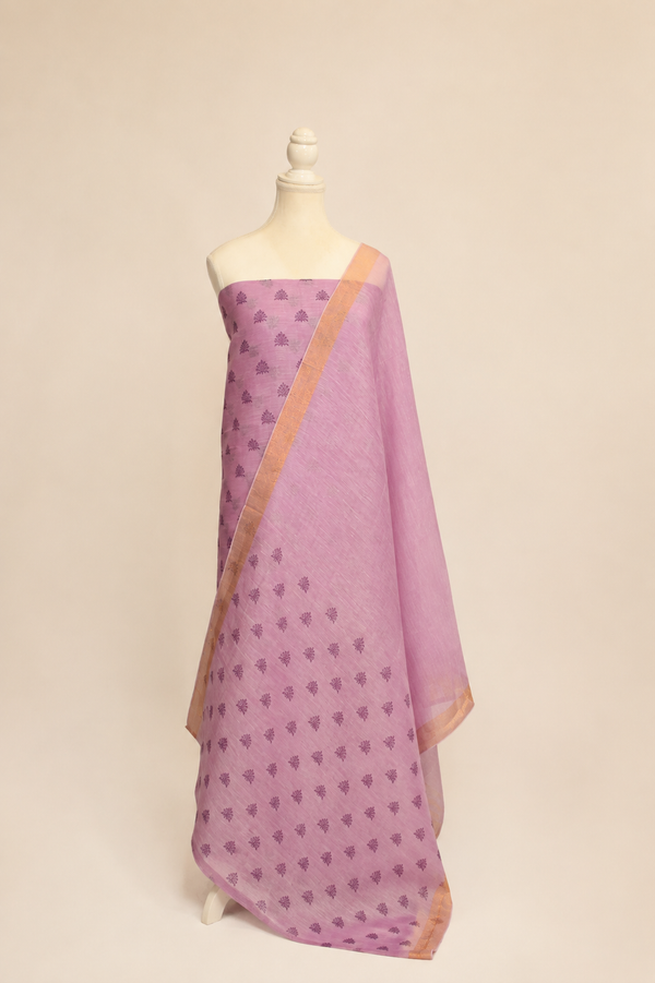 Pure handloom tussar linen printed suit set- Lavender