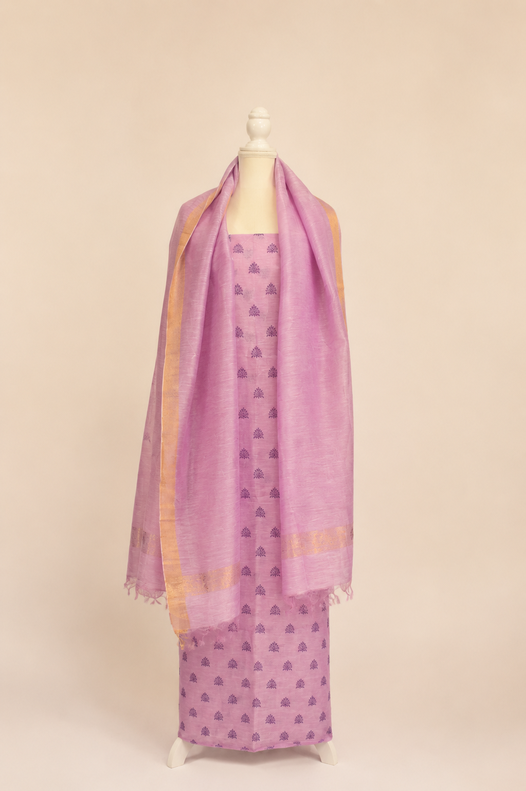 Pure handloom tussar linen printed suit set- Lavender