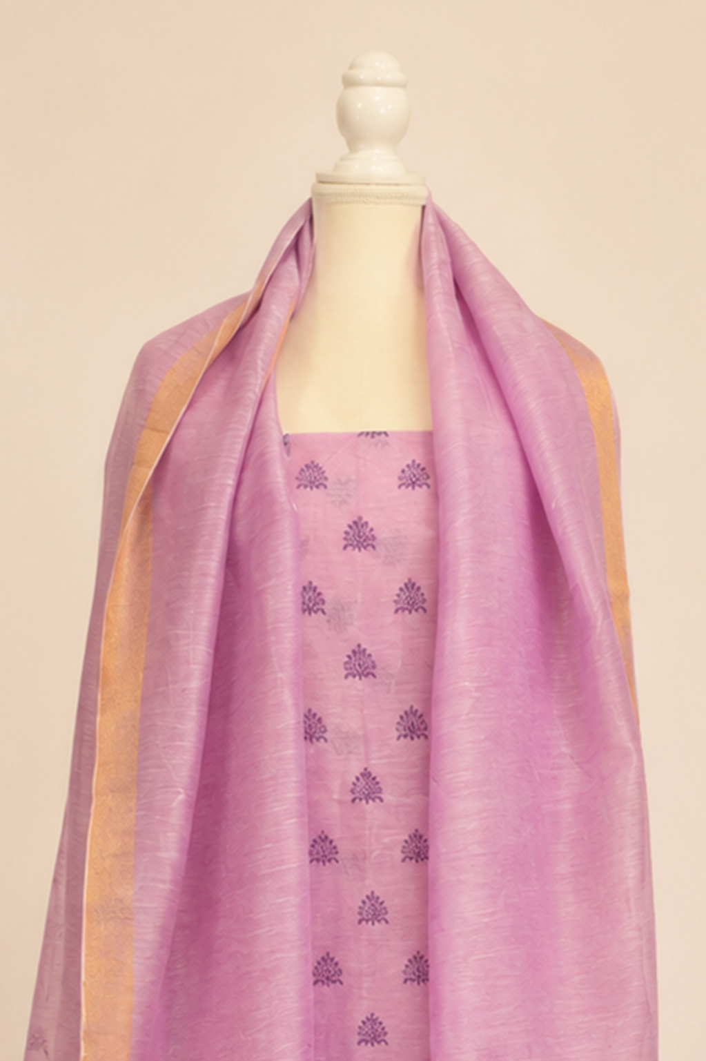 Pure handloom tussar linen printed suit set- Lavender