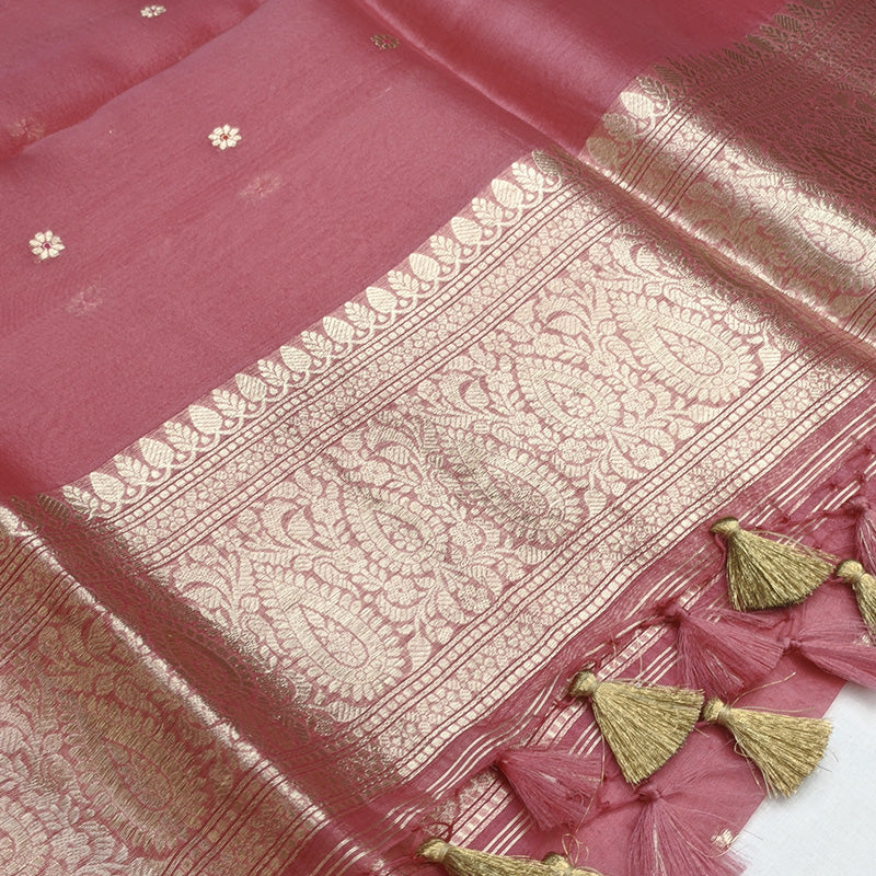 Rose Pink Banarasi Munga Silk Suit Set with Zari Buti and Ornate Floral Border
