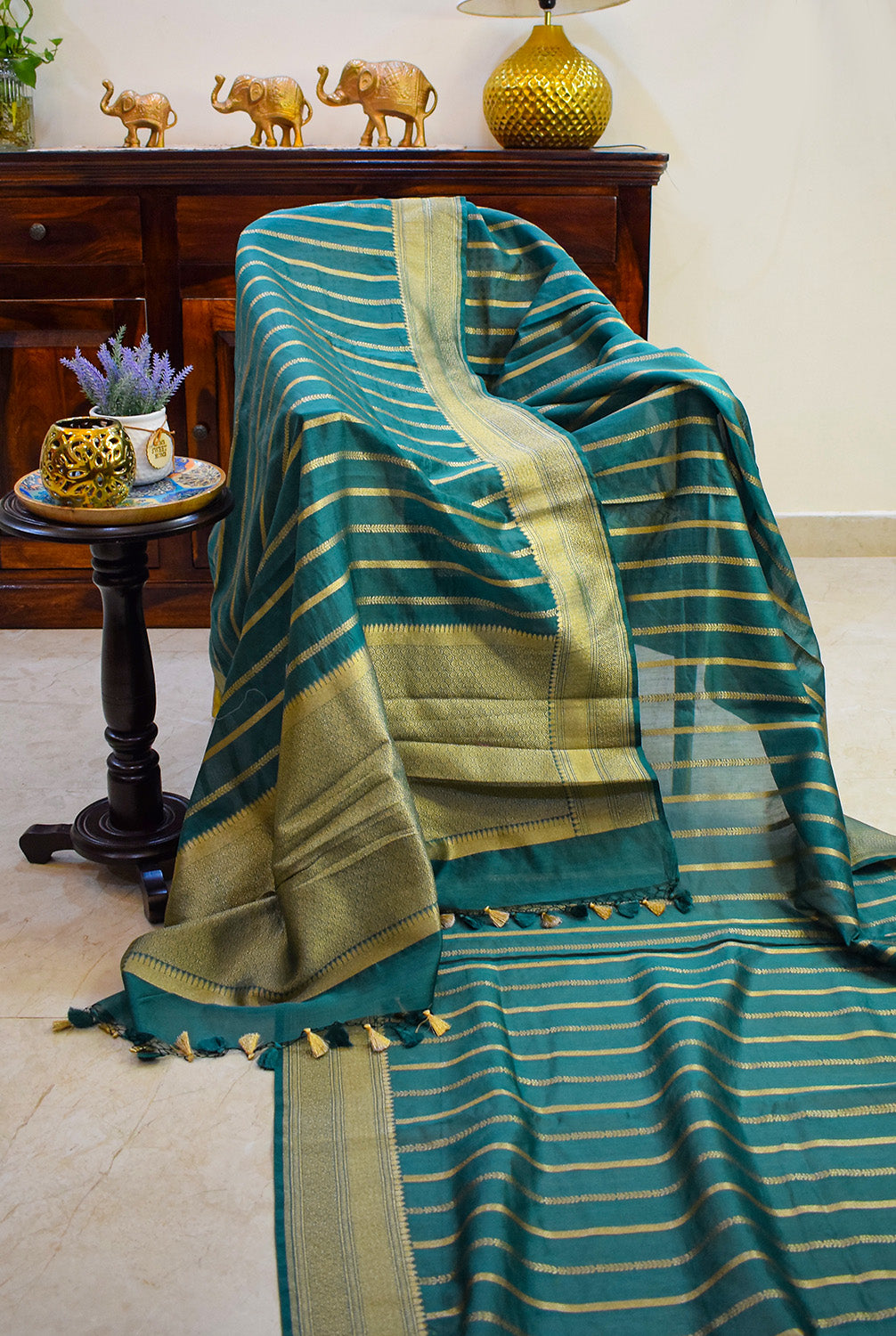 Chanderi stripes pattern woven Banarasi saree with golden border-bottle green