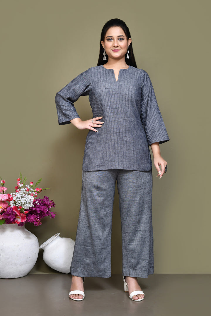 Pintex cotton mid-thigh length high-low top with matching pant