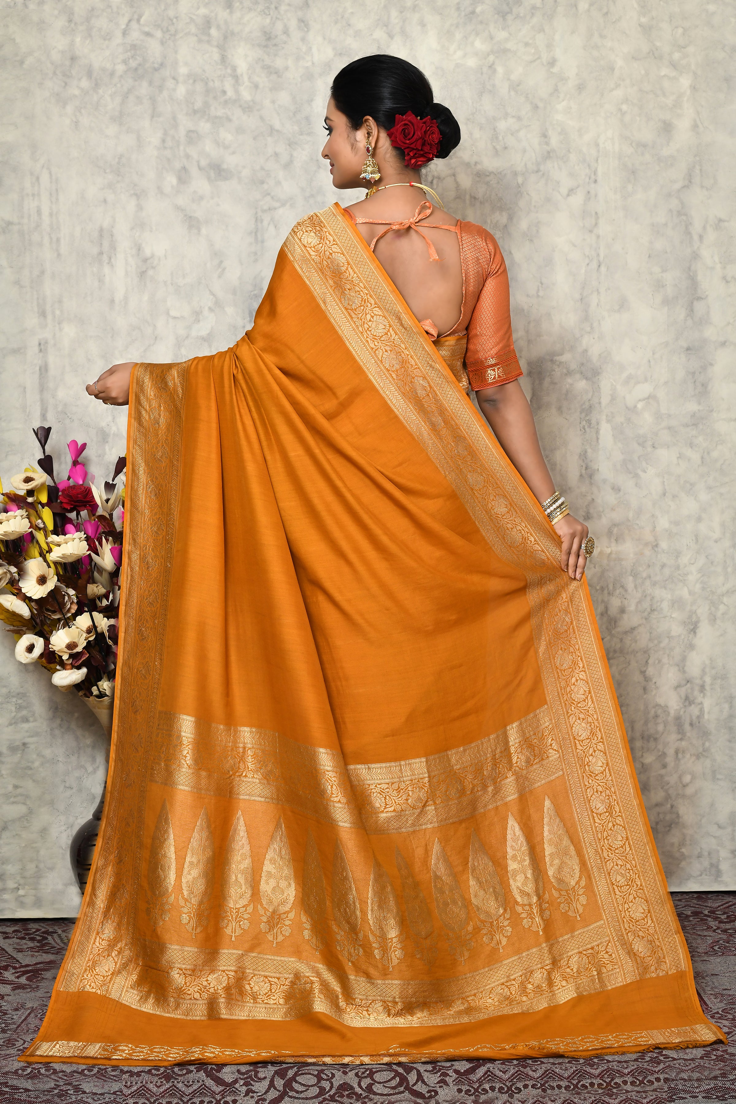 Pure chinia silk saree with broad border & plain body
