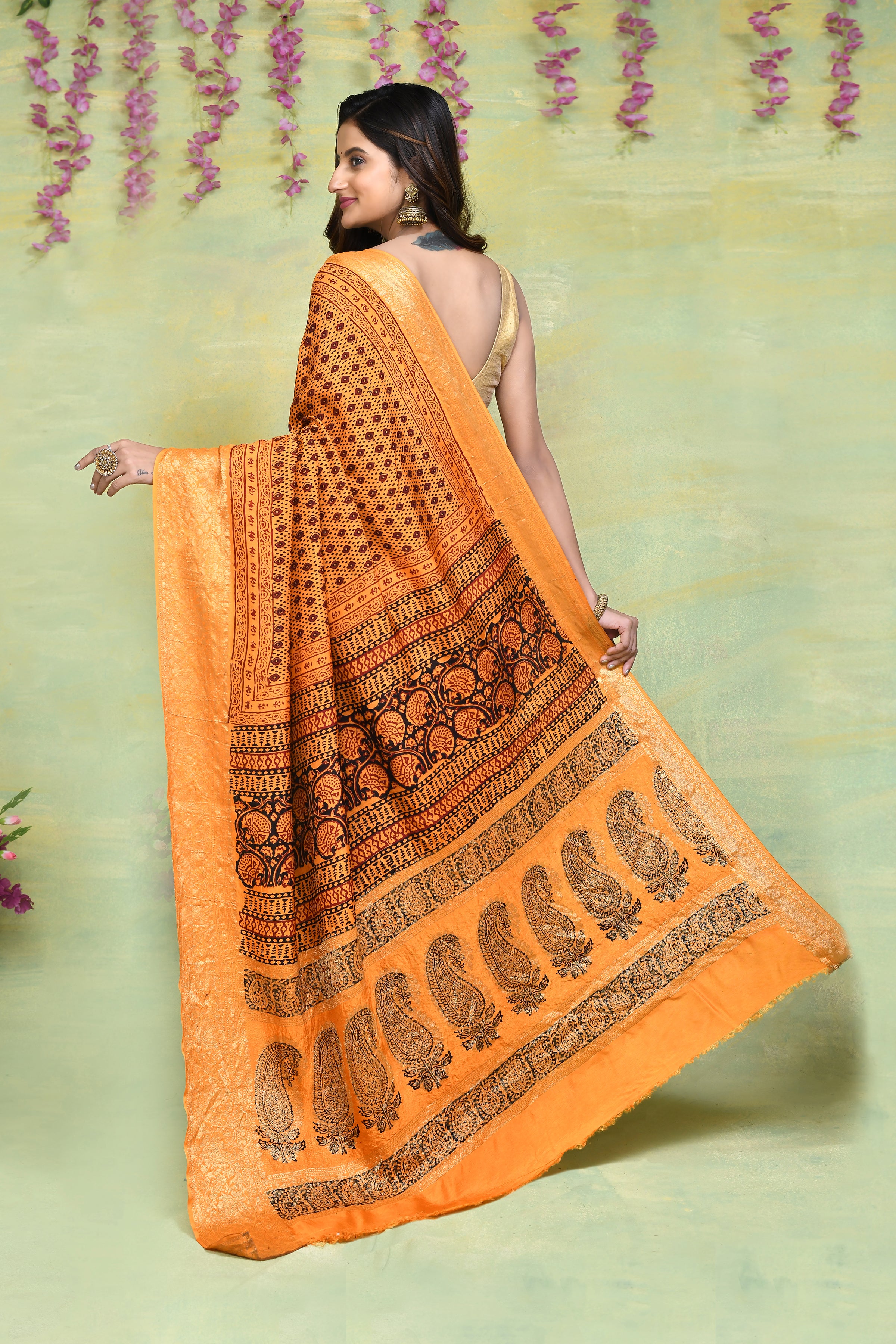 Light orange Bagh print Dola silk saree