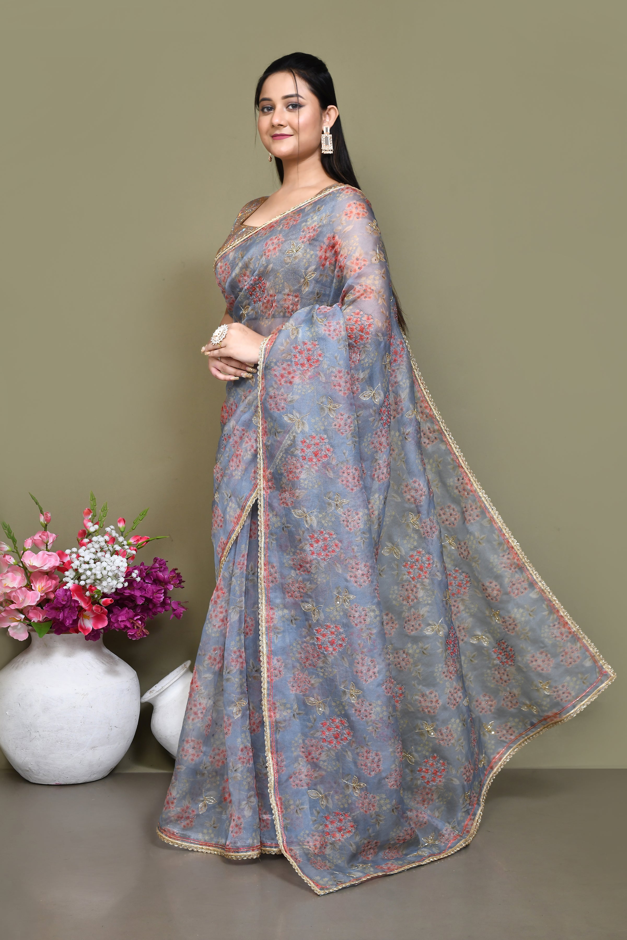 Floral print embroidered pure organza saree
