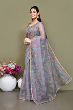 Floral print embroidered pure organza saree