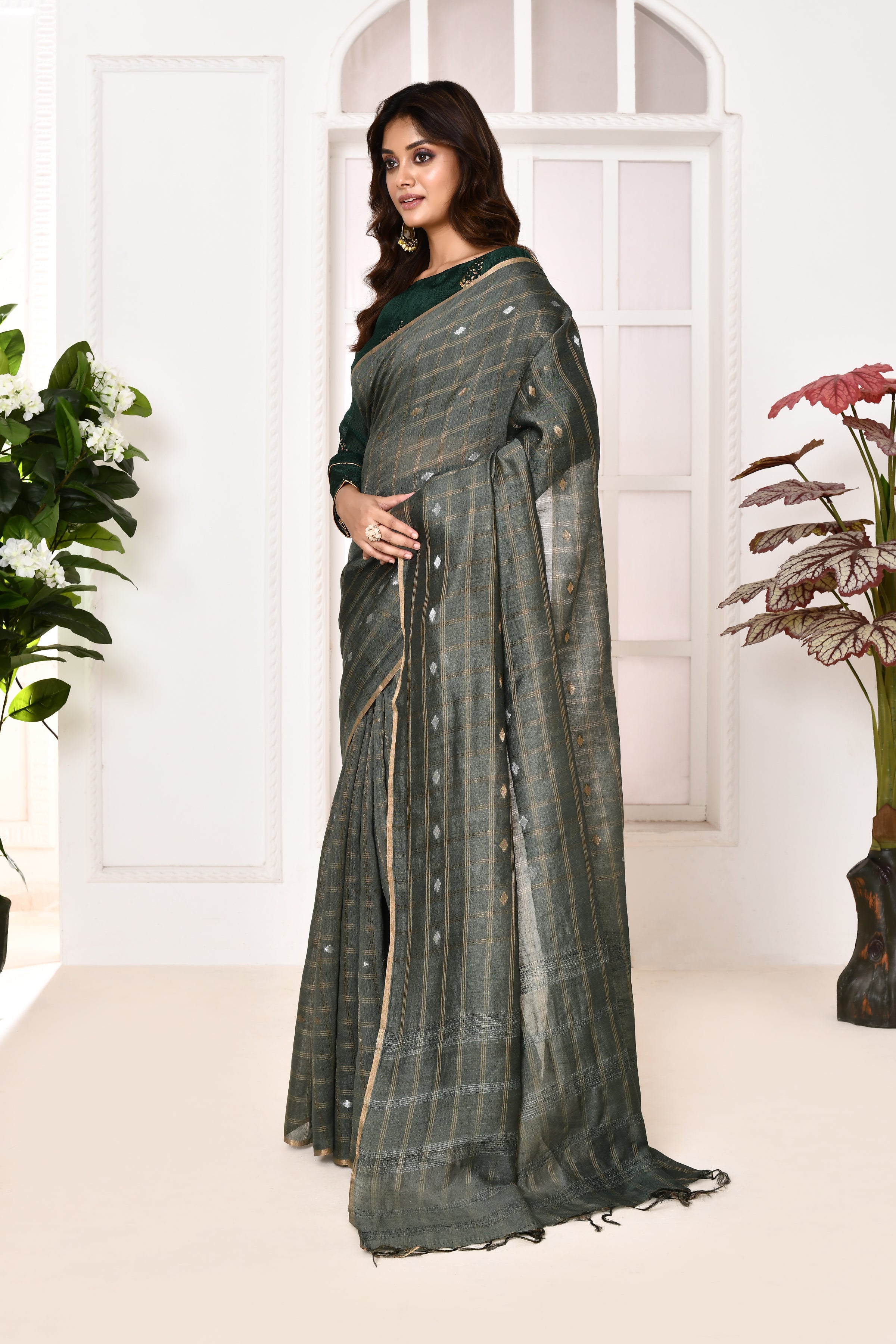 Munga silk golden stripes saree with handblock printed blouse