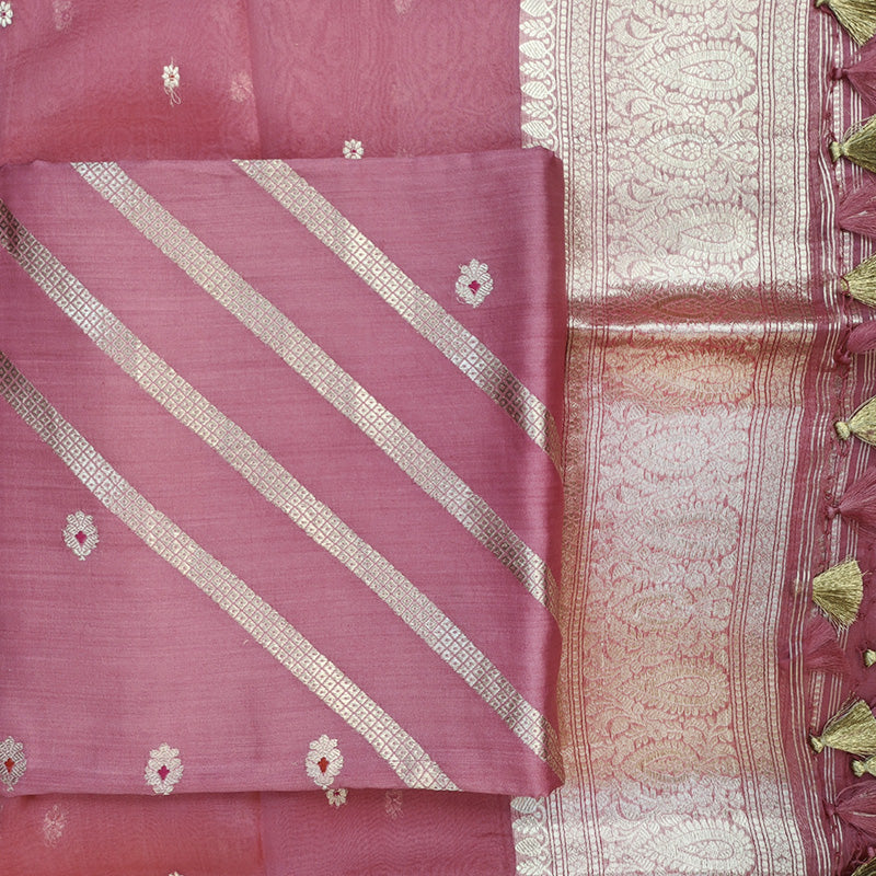 Rose Pink Banarasi Munga Silk Suit Set with Zari Buti and Ornate Floral Border
