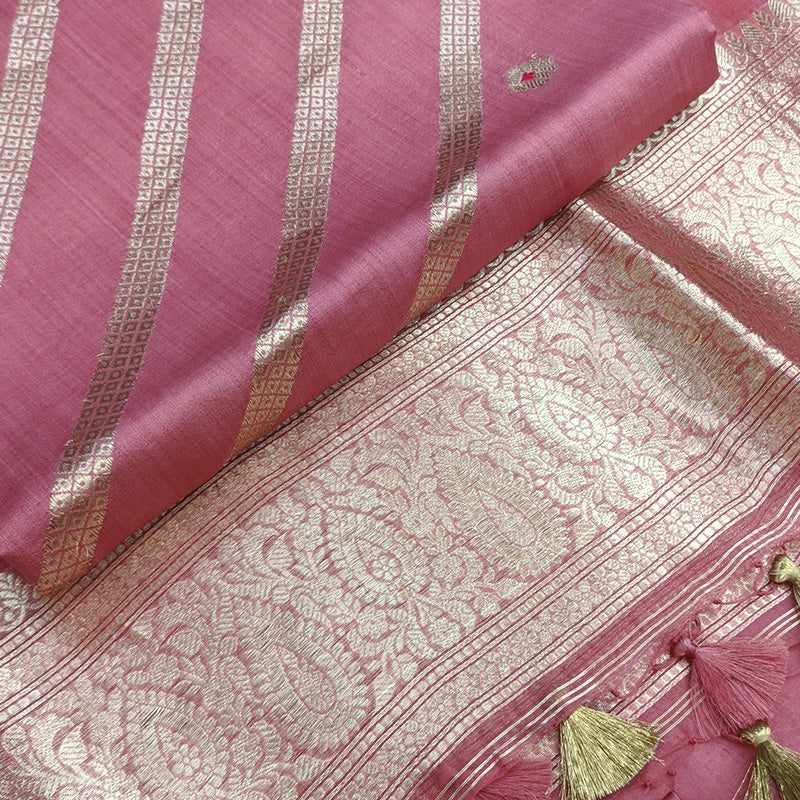 Rose Pink Banarasi Munga Silk Suit Set with Zari Buti and Ornate Floral Border